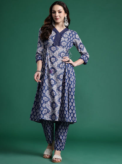 Dhiyona IE Floral Printed Angrakha Mirror Work Pure Cotton Kurta with Trousers