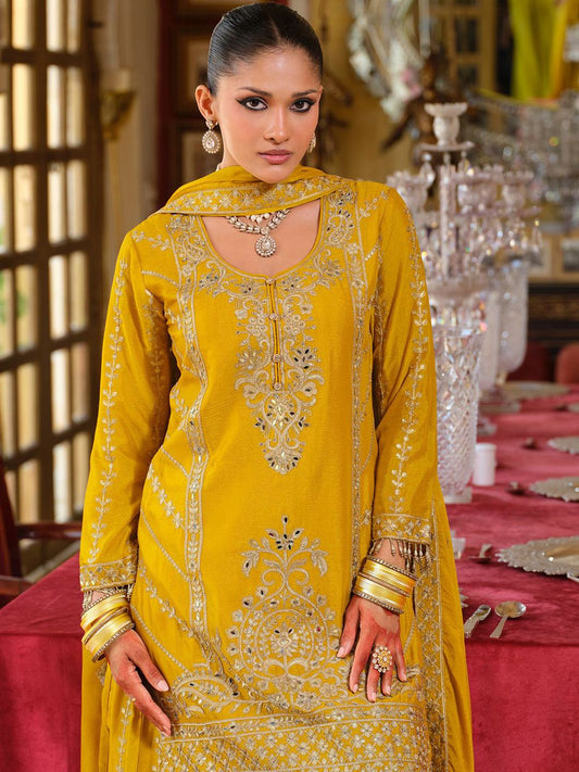 Dhiyona IE Women's Women Ethnic Motifs Embroidered Regular Mirror Work Kurta with Palazzos & Dupatta