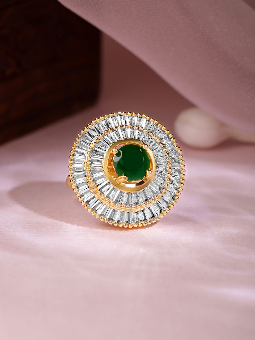 Dhiyona RJ Women's Premium 22k Gold-Plated Green Emerald and Zirconia Studded Adjustable Finger Ring