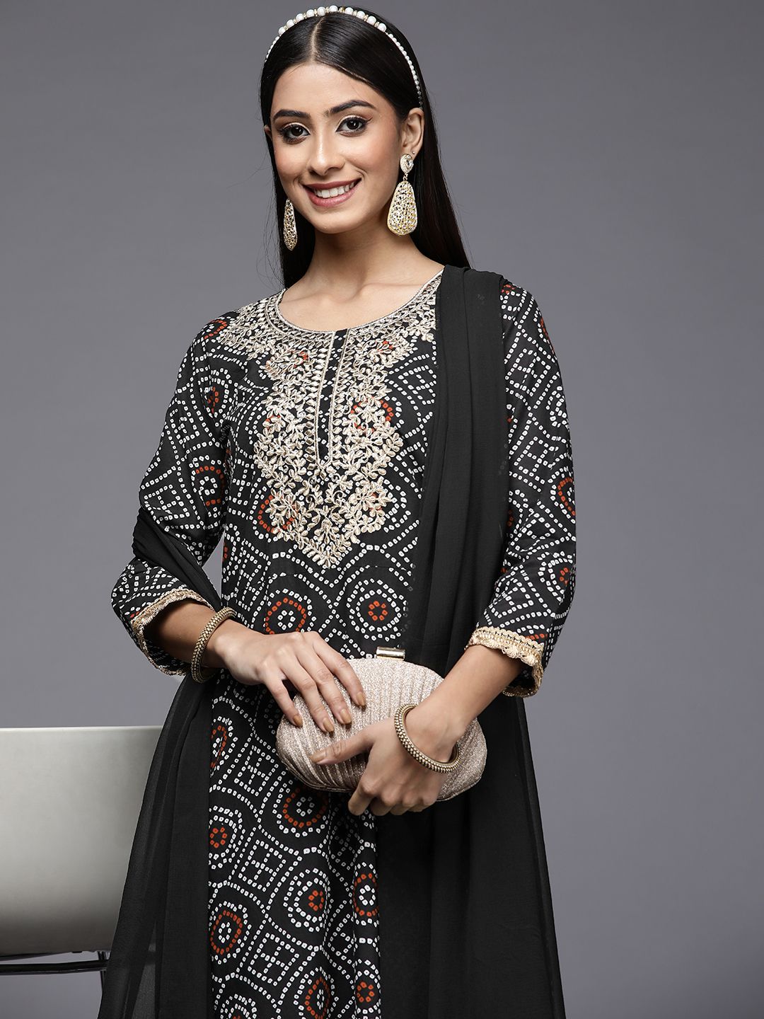 Dhiyona IE Women Black Bandhani Printed Pure Cotton Kurta with Palazzos & With Dupatta
