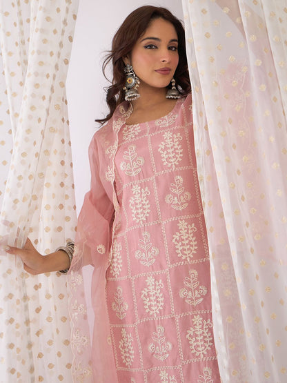 Dhiyona IE Floral Embroidered Thread Work Straight Kurta With Trouser And Dupatta