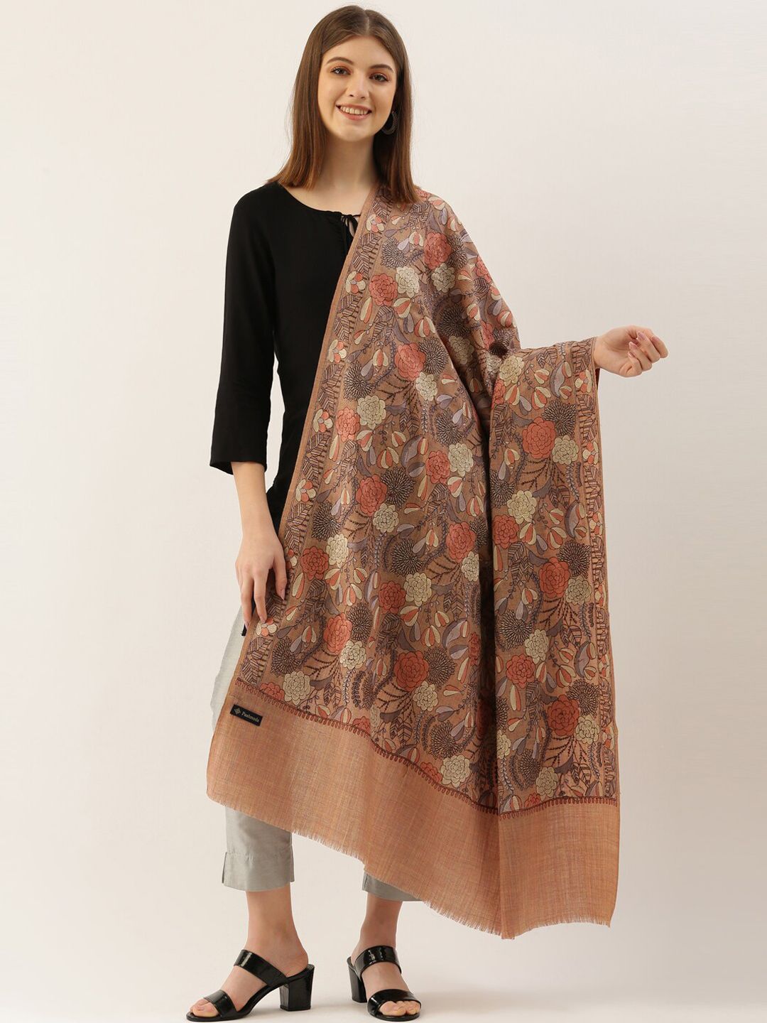 Dhiyona PA Women Beige & Grey Embroidered Woolen Shawl