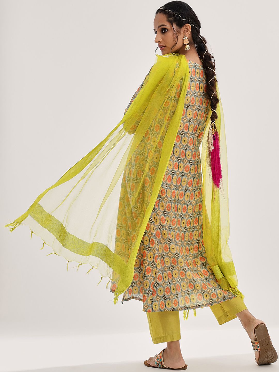 Dhiyona VA Women's Lime Green Ethnic Motifs Printed Mirror Work Kurta with Trousers & With Dupatta