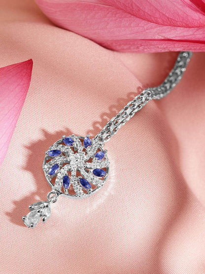 Dhiyona RJ Women's Rhodium-Plated Blue & White Cubic Zirconia Studded Maang Tikka