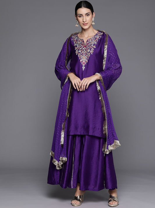 Dhiyona VA Women'sFloral Thread Embroidered Sequinned Chanderi Silk Kurta & Palazzos With Dupatta