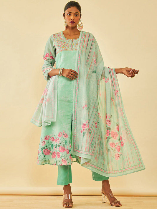 Dhiyona SO Women's Floral Printed Regular Thread Work Chanderi Silk Kurta with Trousers & Dupatta