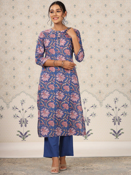Dhiyona OD  Blue Floral Printed Regular Pure Cotton Kurti with Trouser