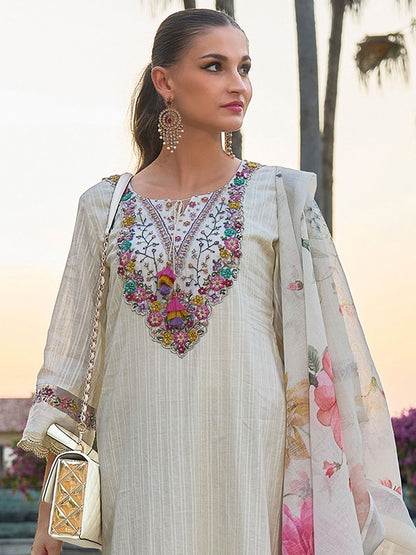 Floral Embroidered Round Neck Pure Cotton Straight Kurta with Trousers & Dupatta