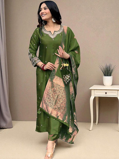 Dhiyona SN Women's Floral Embroidered Sequinned Straight Kurta with Pyjama & Dupatta