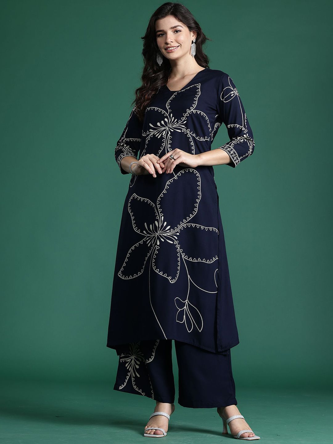 Dhiyona IE Printed V-Neck Straight Tunic With Palazzo