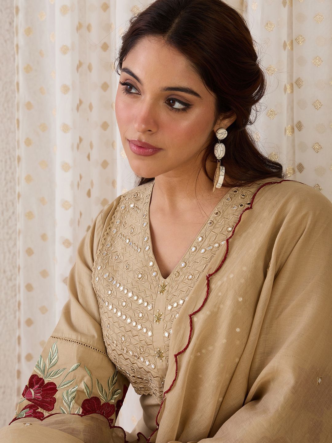 Dhiyona IE Women Yoke Design Embroidered Cotton Kurta with Trousers & Dupatta