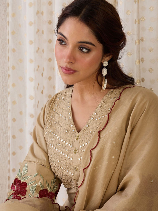 Dhiyona IE Women Yoke Design Embroidered Cotton Kurta with Trousers & Dupatta
