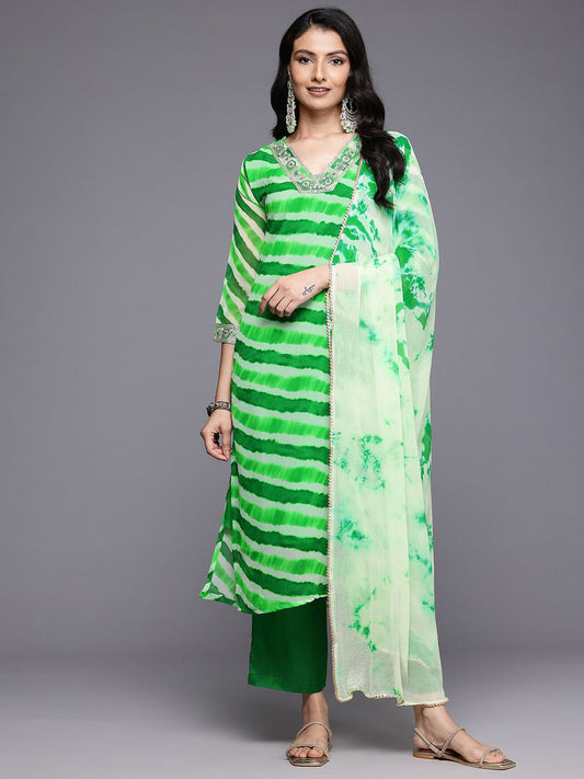 Dhiyona VA Women'sLeheriya Printed Sequinned Kurta With Trousers & Dupatta