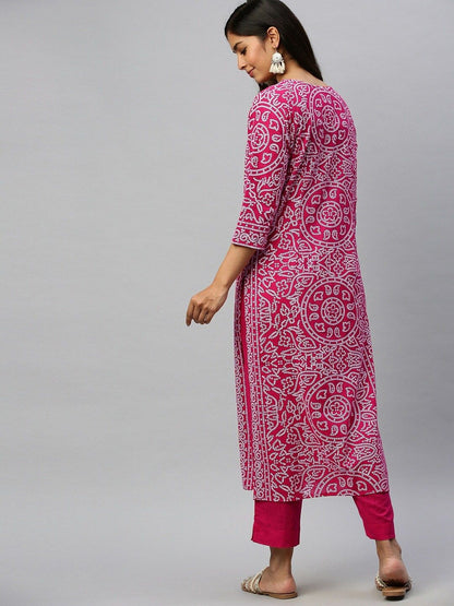 Dhiyona IS Women's Women Pink & White Bandhani Printed Kurta with Trousers