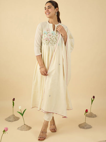 Women Floral Embroidered Cotton Kurta with Trousers & Dupatta