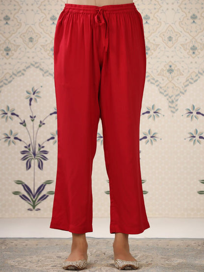 Dhiyona OD  Cream-Coloured & Red Printed Notched Neck Kurta With Palazzos