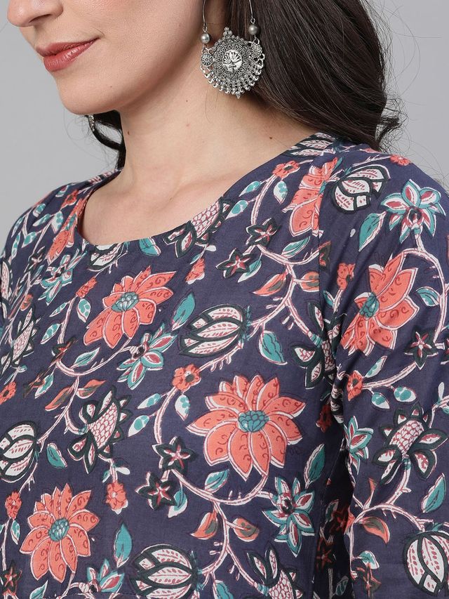 Women Viscose Floral Printed Blue Kurta And Pant Set With Dupatta