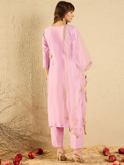 Women Ethnic Motifs Embroidered Regular Thread Work Liva Kurta with Trousers & With Dupatta
