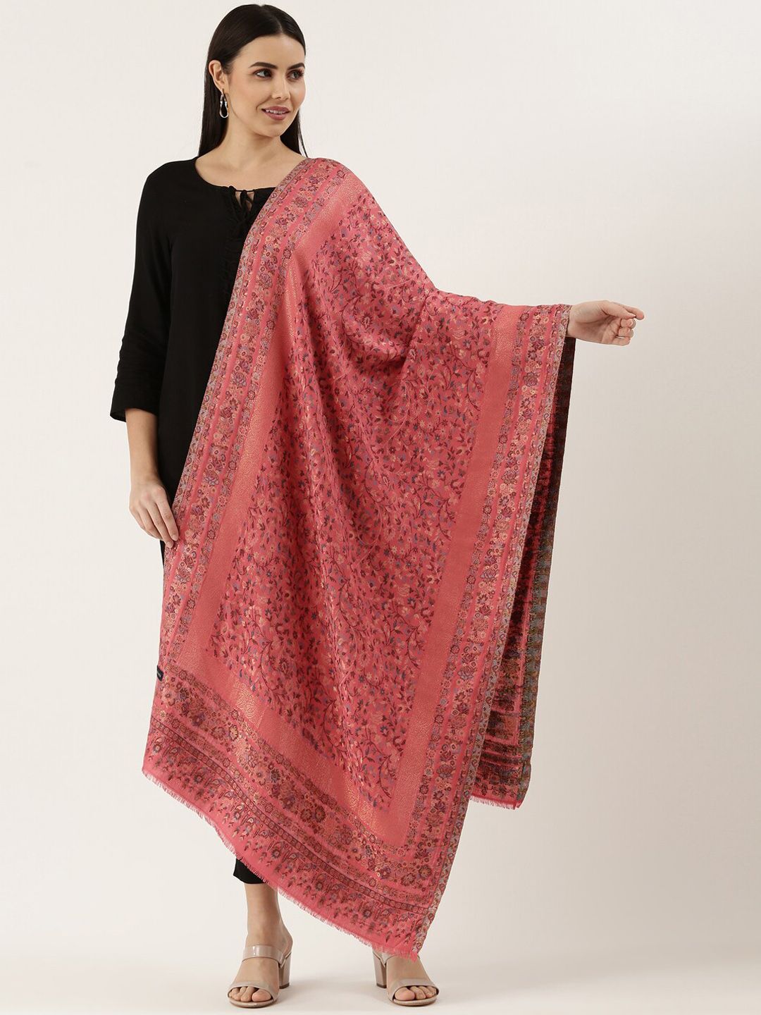 Dhiyona PA Women Pink Woven Design Kanni Woolen Shawl