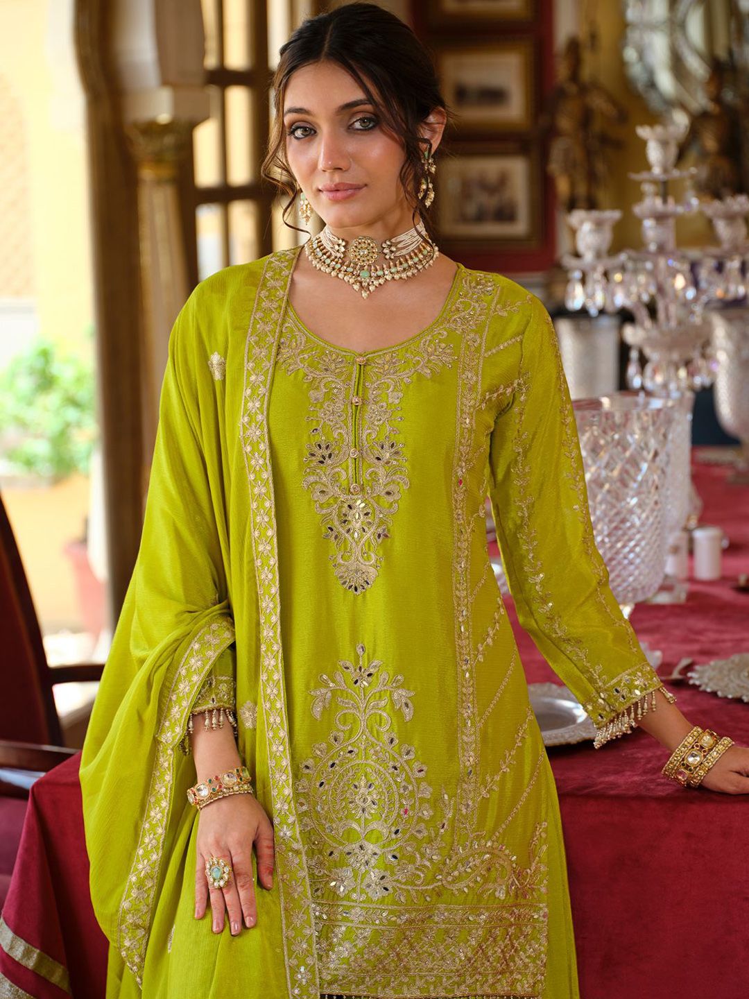 Dhiyona IE Women Ethnic Motifs Embroidered Regular Mirror Work Kurta with Palazzos & Dupatta