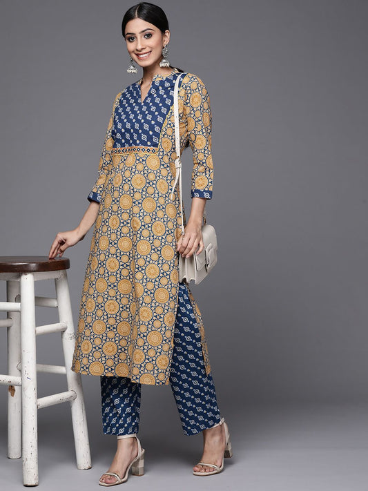 Dhiyona VA Women's Beige & Blue Printed Pure Cotton Kurta with Trousers