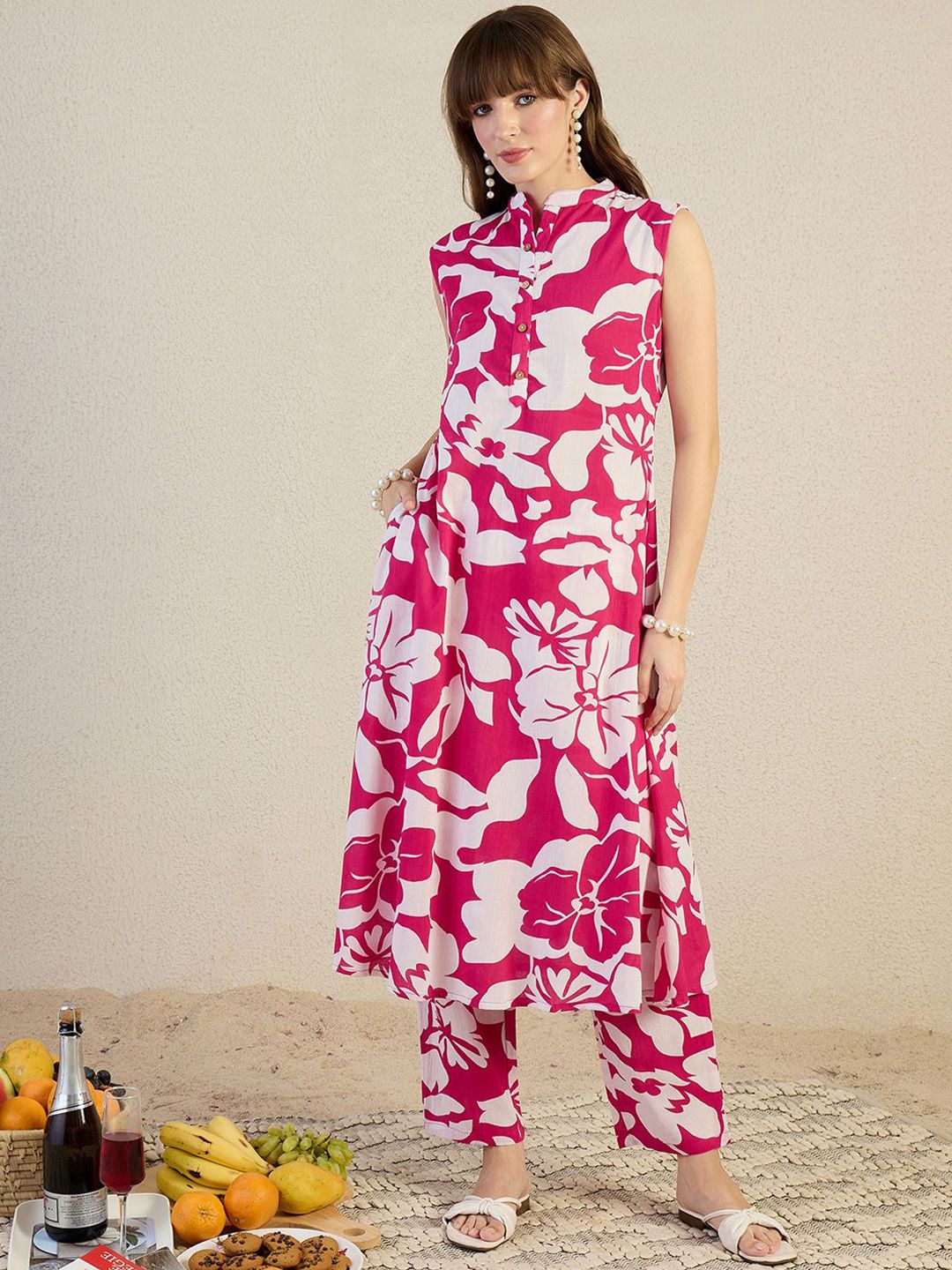 Dhiyona IE Printed Pure Cotton Mandarin Collar Top With Trousers Co-Ords