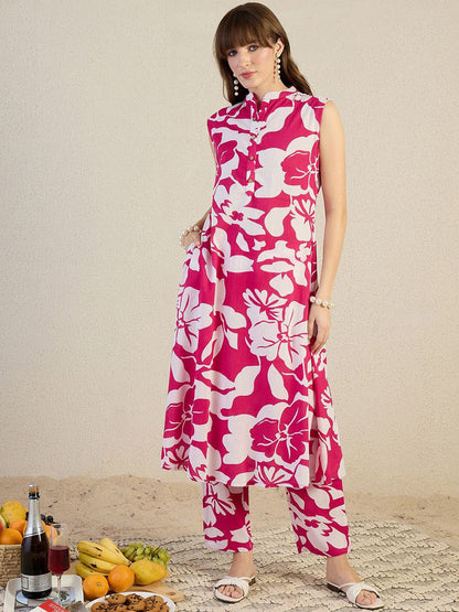 Dhiyona IE Printed Pure Cotton Mandarin Collar Top With Trousers Co-Ords