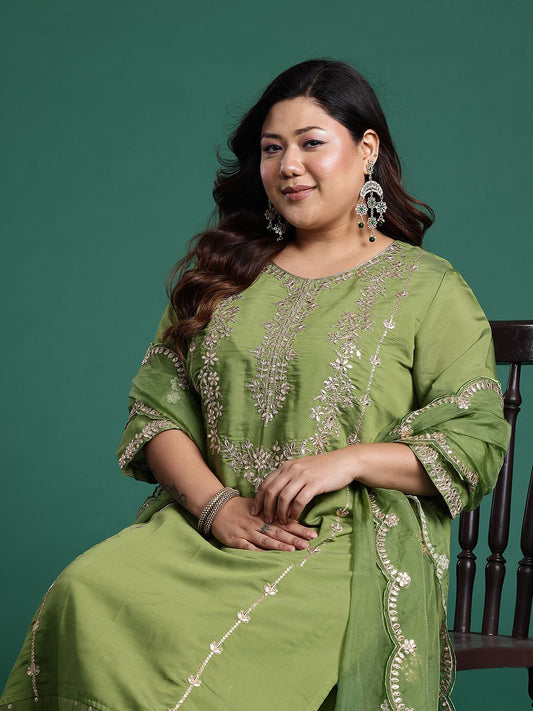 Dhiyona IE Plus Size Floral Embroidered Gotta Patti Kurta with Trousers & With Dupatta