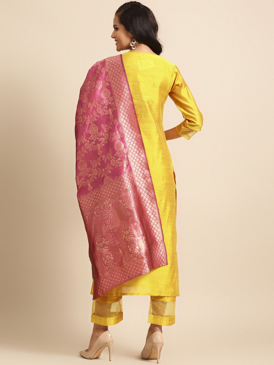Dhiyona VA Women's Mustard Yellow Embroidered Sequinned Kurta Set with Dupatta