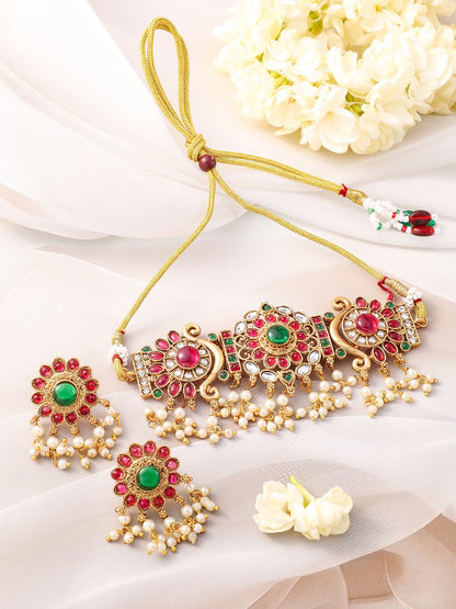 Dhiyona RJ Women's 22K Gold-Plated Emerald & Ruby Pink Kundan Choker Jewellery Set with Pearl Beads