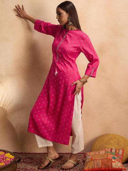 Dhiyona IE Ethnic Motifs Printed Mirror Work Straight Kurta