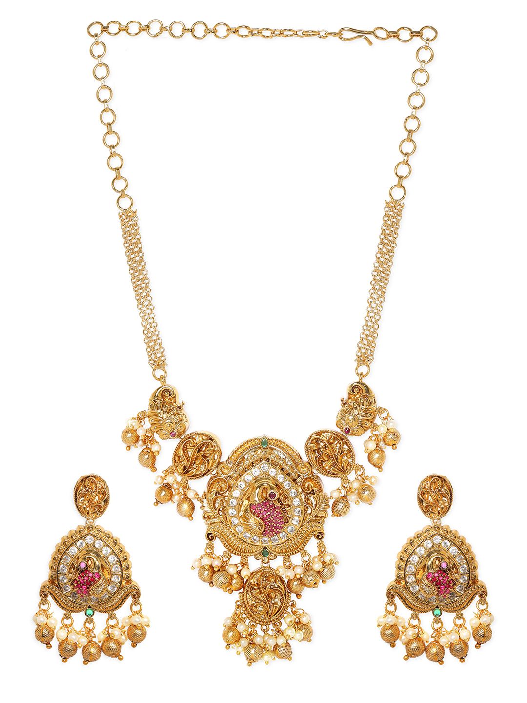 Dhiyona RJ Women's 24K Gold-Plated Peacock Motif Ruby & CZ Studded Pearl Beaded Temple Jewellery Set