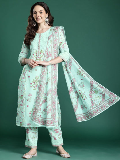 Floral Printed Regular Kurta with Trousers & Dupatta