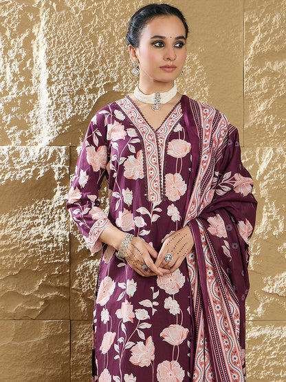 Floral Printed Pure Cotton V-Neck Straight Kurta With Trousers And Dupatta