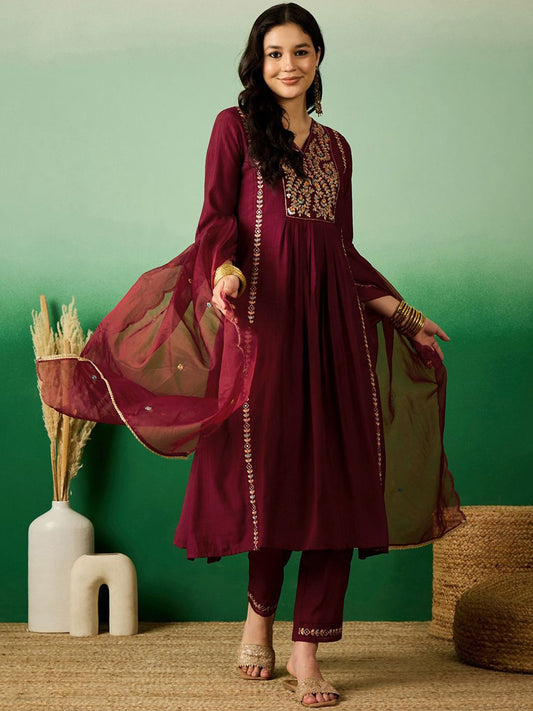 Dhiyona SN Women's Maroon Floral Embroidered V-Neck Sequinned A-Line Kurta With Pant & Dupatta