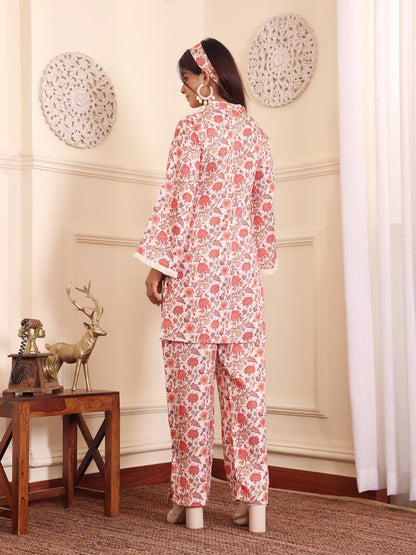 Dhiyona VA Women'sOff White Floral Printed V-Neck Flared Sleeves Straight Kurta With Trousers