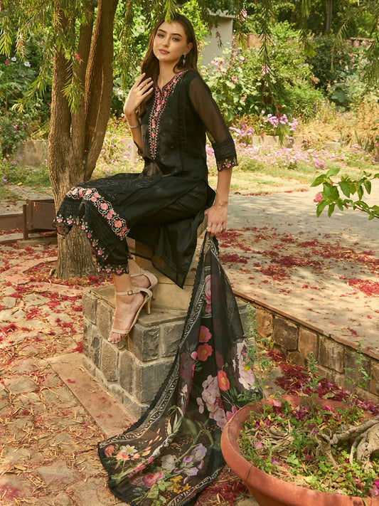 Dhiyona IE Floral Embroidered Organza Straight Kurta With Trousers & Dupatta
