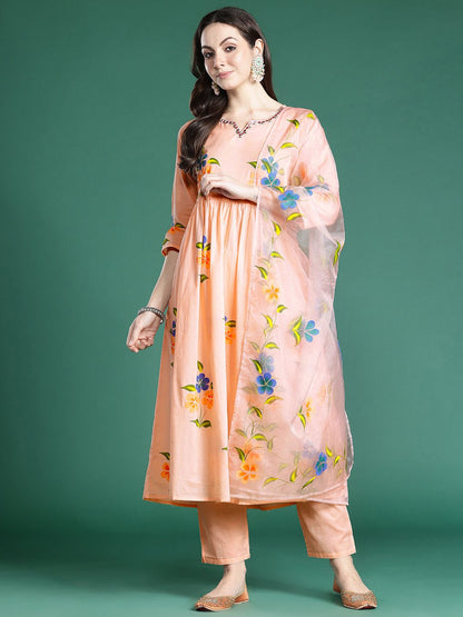 Floral Embroidered Mirror Work Pure Cotton Kurta with Trousers & Dupatta