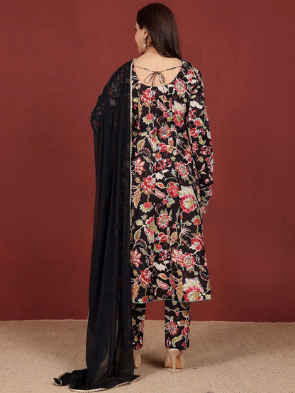 Dhiyona VA Women'sFloral Printed Thread Work Pure Cotton Kurta With Trousers & Dupatta