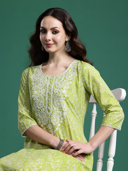 Dhiyona IE Women Paisley Embroidered Pure Cotton Kurta with Trousers