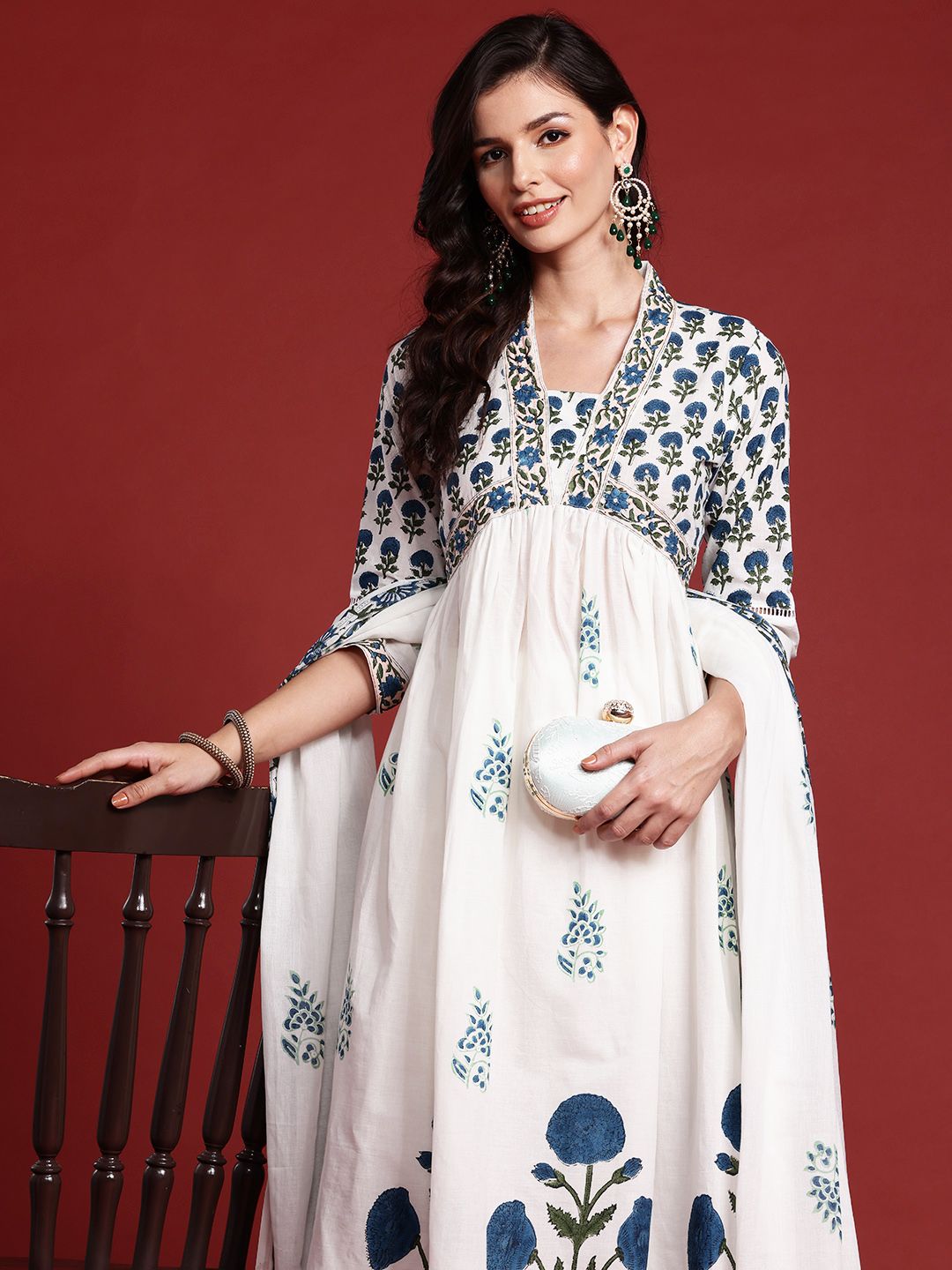 Dhiyona IE Floral Printed Empire Mirror Work Pure Cotton Kurta With Trousers & Dupatta