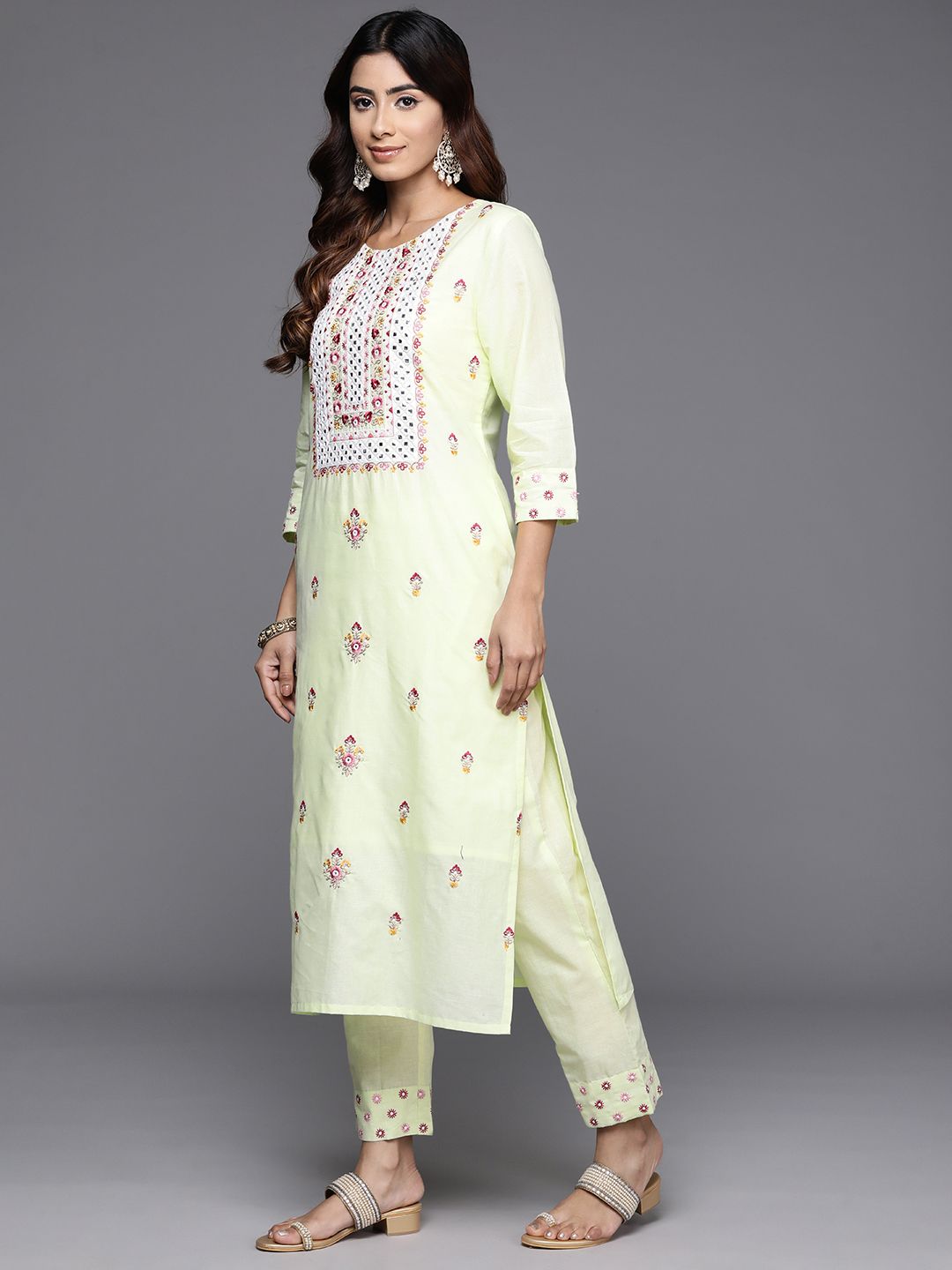 Dhiyona VA Women's Floral Embroidered Regular Mirror Work Pure Cotton Kurta with Trousers & With Dupatta