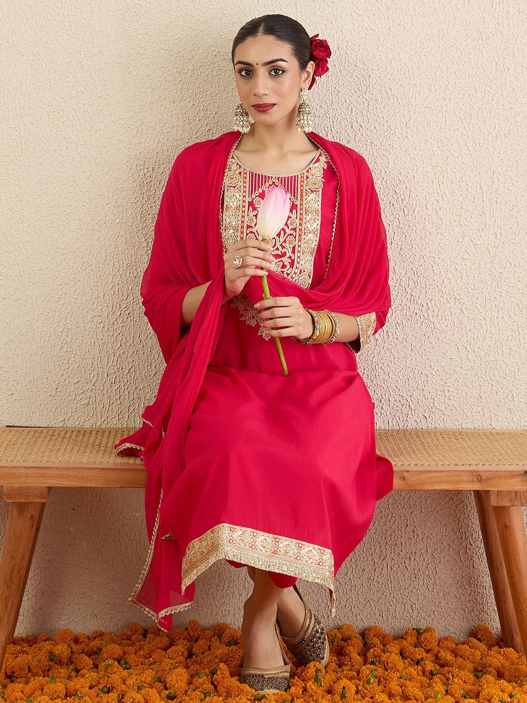 Women Ethnic Motifs Embroidered Regular Kurta with Trousers & Dupatta