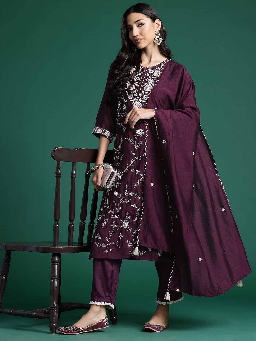 Floral Embroidered Sequinned Kurta With Trousers & Dupatta