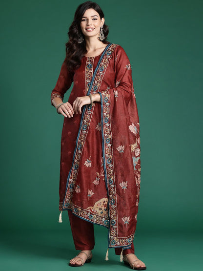 Dhiyona IE Ethnic Motifs Embroidered Thread Work Chanderi Silk Kurta With Trousers & Dupatta