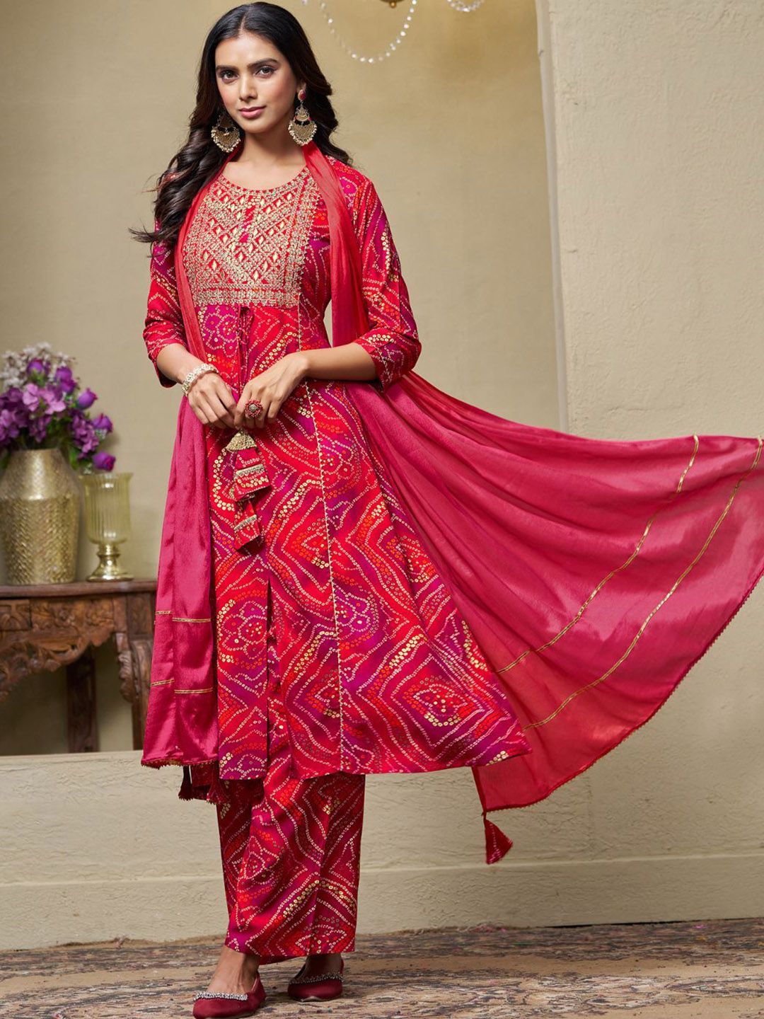 Dhiyona SN Women's Bandhani Printed Sequinned Kurta with Palazzo & Dupatta