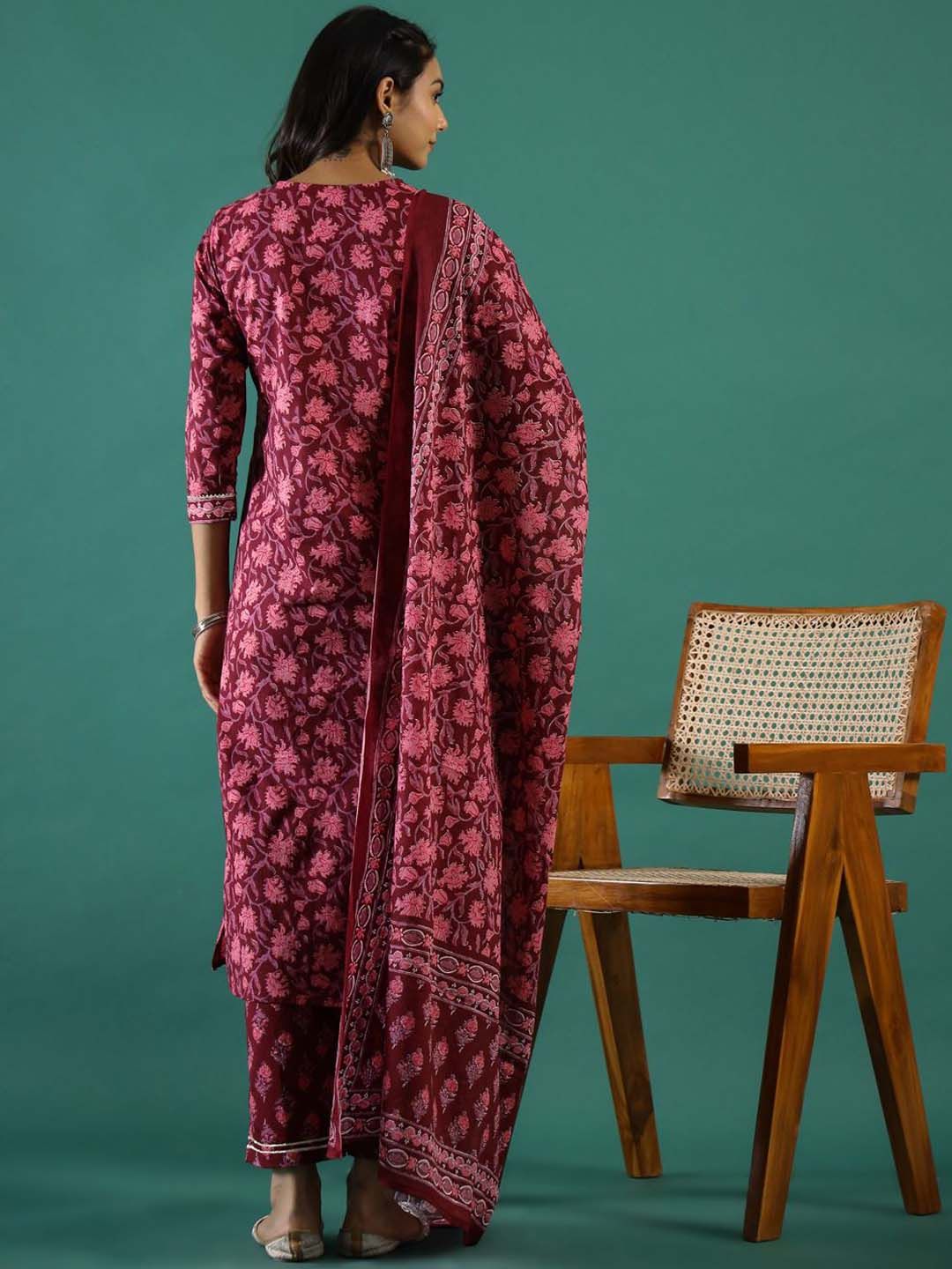 Dhiyona SN Women's Printed Pure Cotton Straight Kurta With Trouser & Dupatta Set