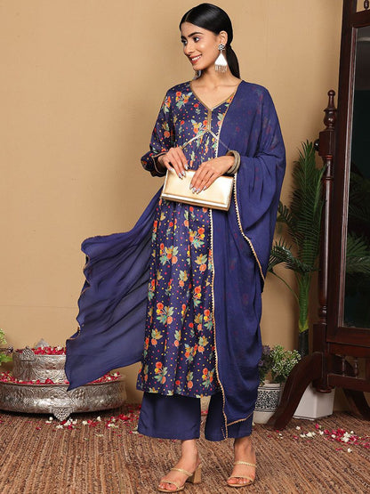 Dhiyona VA Women'sViolet Floral Printed Empire Sequinned Cotton A-Line Kurta With Trousers & Dupatta