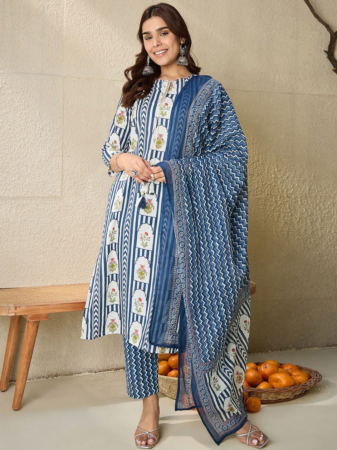 Floral Printed Tie-Up Neck Pure Cotton Straight Kurta With Trousers & Dupatta