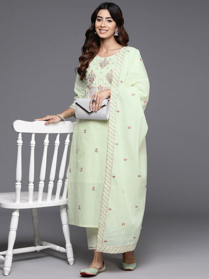 Dhiyona VA Women's Floral Embroidered Regular Thread Work Pure Cotton Kurta with Trousers & With Dupatta